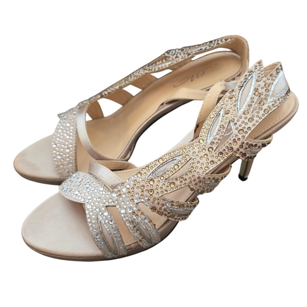 Glamorous Beige Gold Side Leaf Sparkle Sandal Heels By Midnight Velvet Size 10M